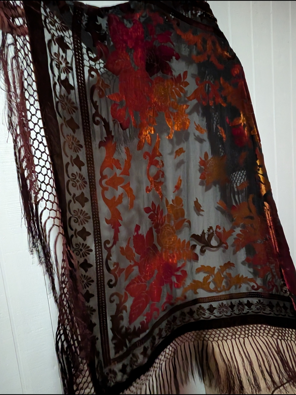 Luxury Floral Rose Velvet/Silk Burnout Fringe Shawl